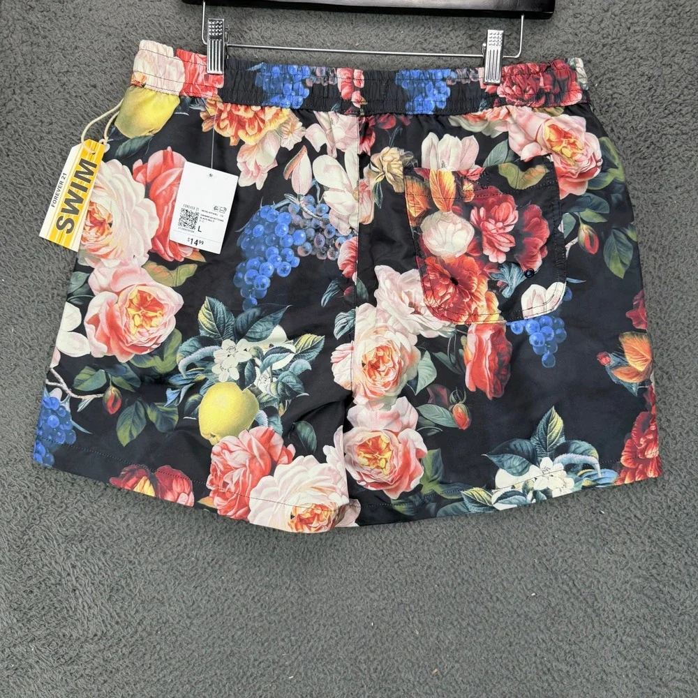 Forever 21 Men Floral Fruit Print Swim Trunks Black Large NWT 11932-001